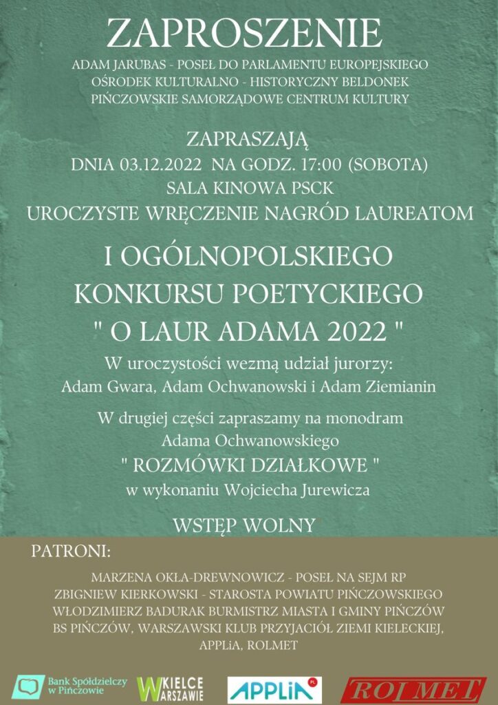Plakat I Ogólnopolskiego Konkursu Poetyckiego "O Laur Adama 2022"