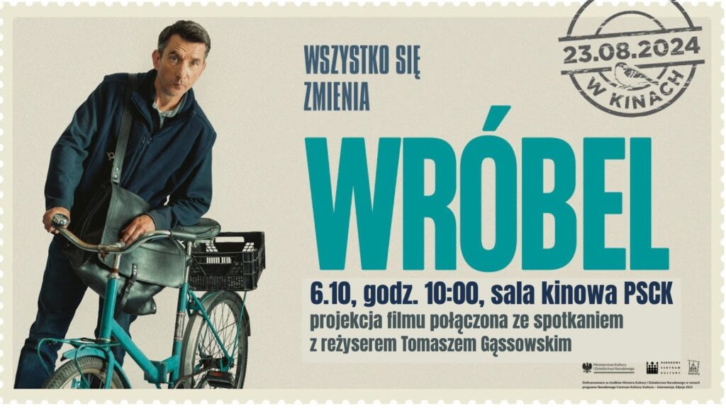 Plakat na spotkanie autorskie z reżyserem filmu "Wróbel"